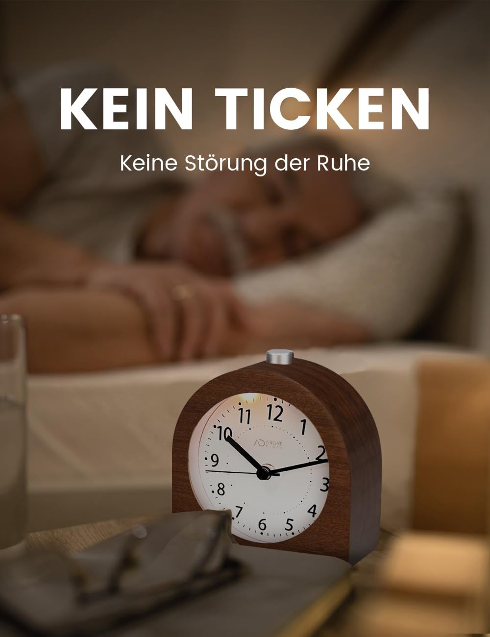 Wecker Analog Ohne Ticken, Wecker Holz mit Snooze, Nachttisch Tischuhr mit Nachtlicht, reisewecker m