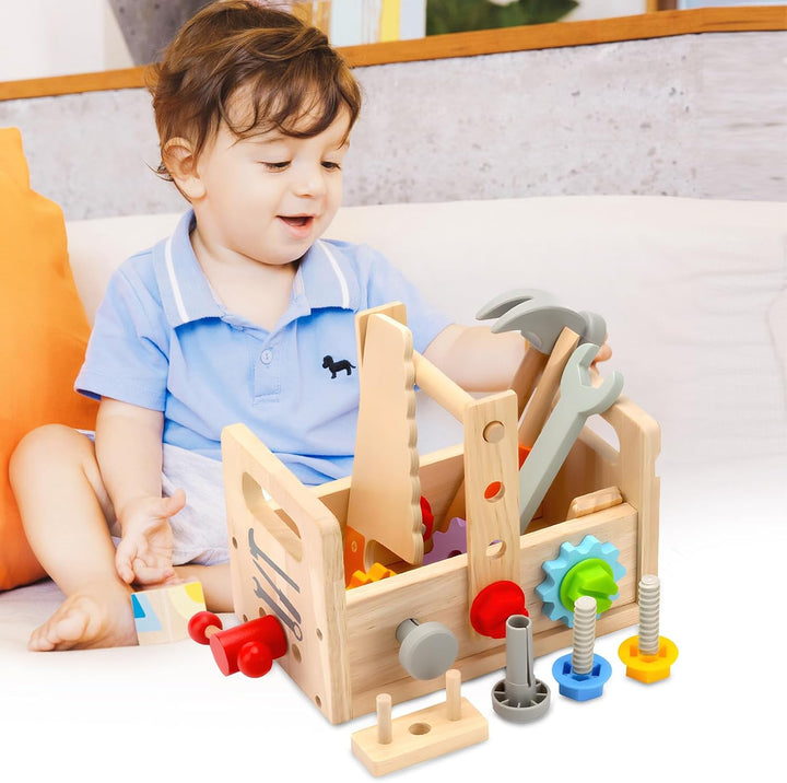 Newpop Werkzeugkoffer Kinder, Kinderwerkzeug, Holzspielzeug Lernspiele, Werkzeugkasten Kinder, Werkz