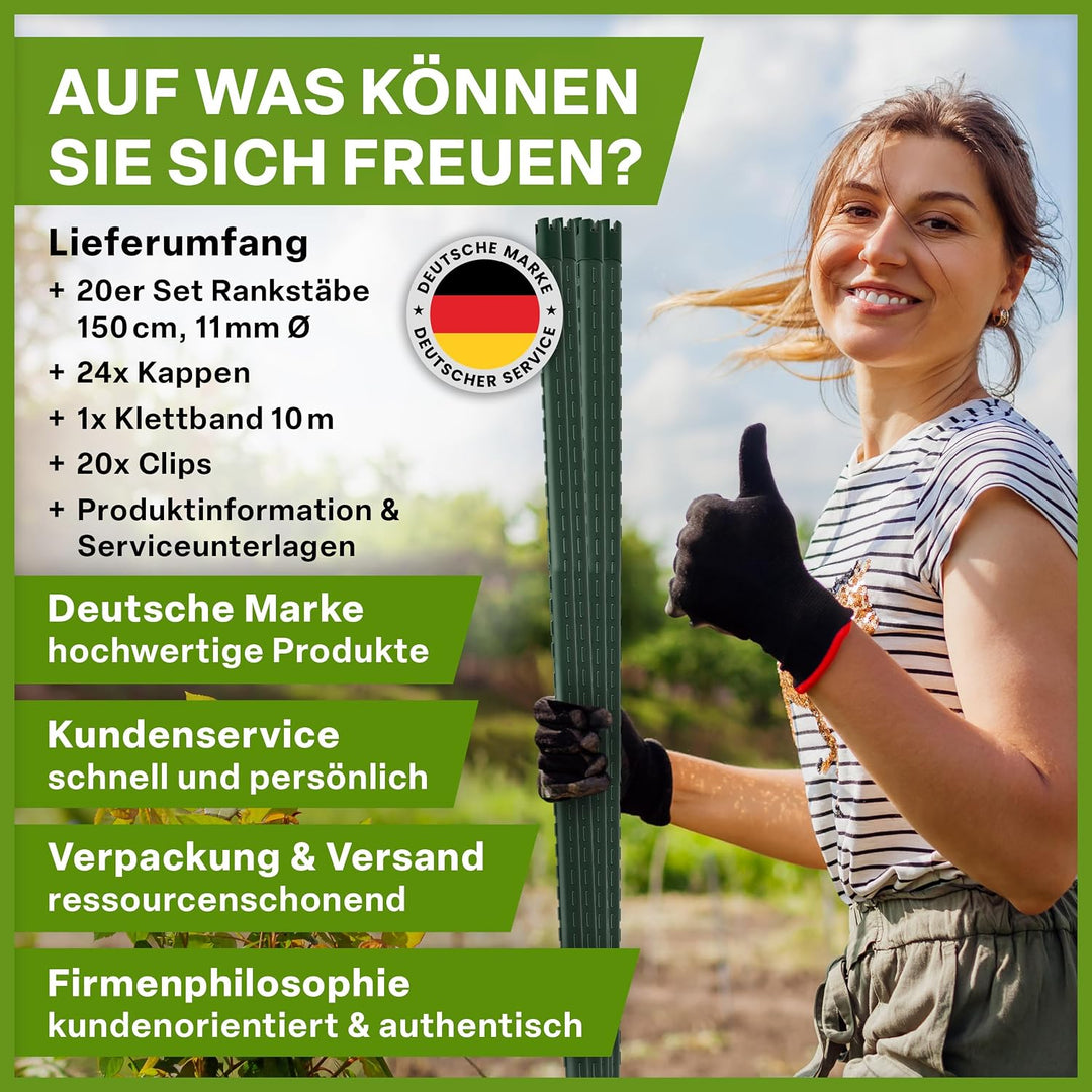 TTL GARDEN Rankstäbe 20er Set 150 cm x 11mm Ø grün + Klettband &amp; Clips | - Rankhilfe Pflanzstäbe Sta