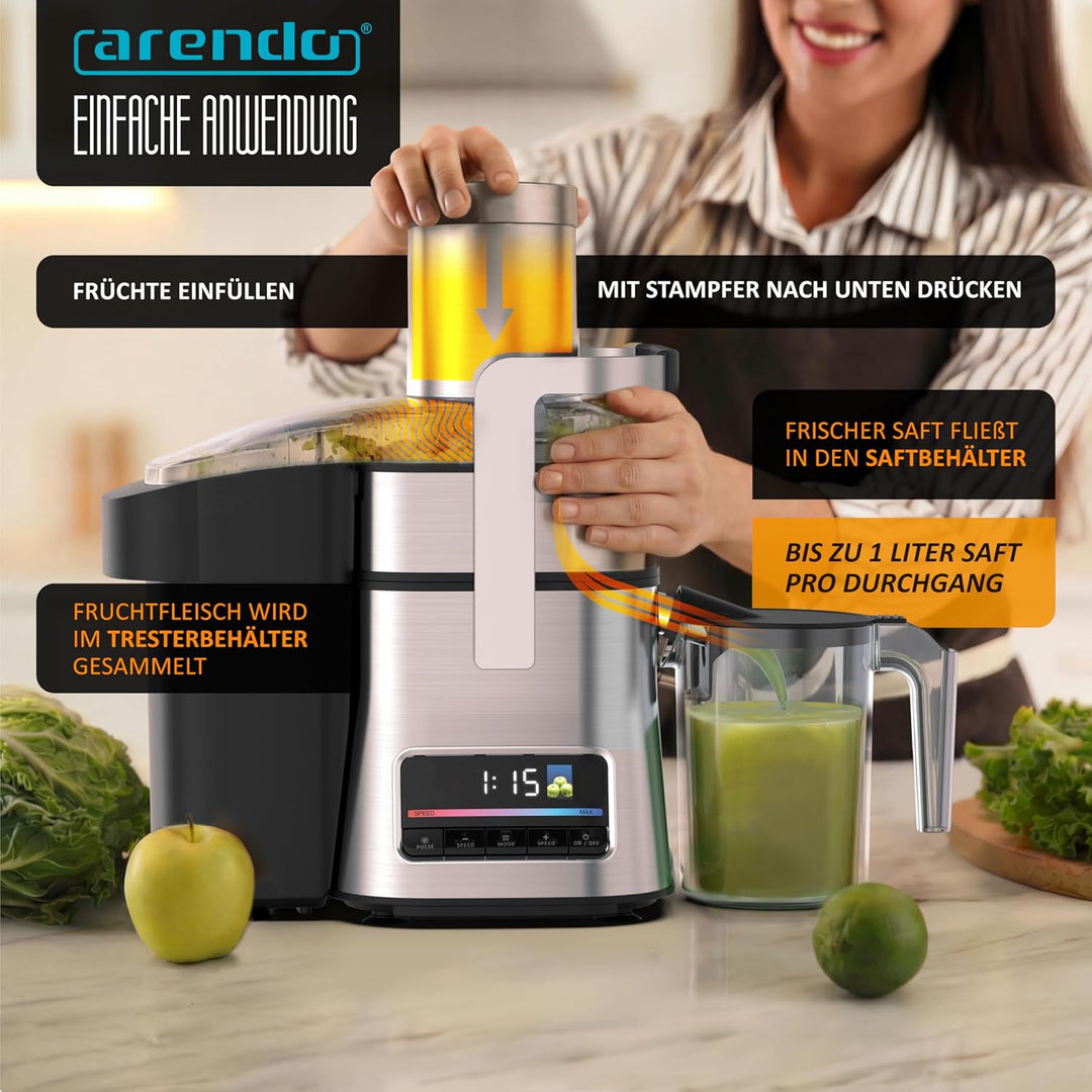 Arendo - Edelstahl Entsafter mit Display - für Obst und Gemüse – leistungsstark 1000 Watt Leistung –