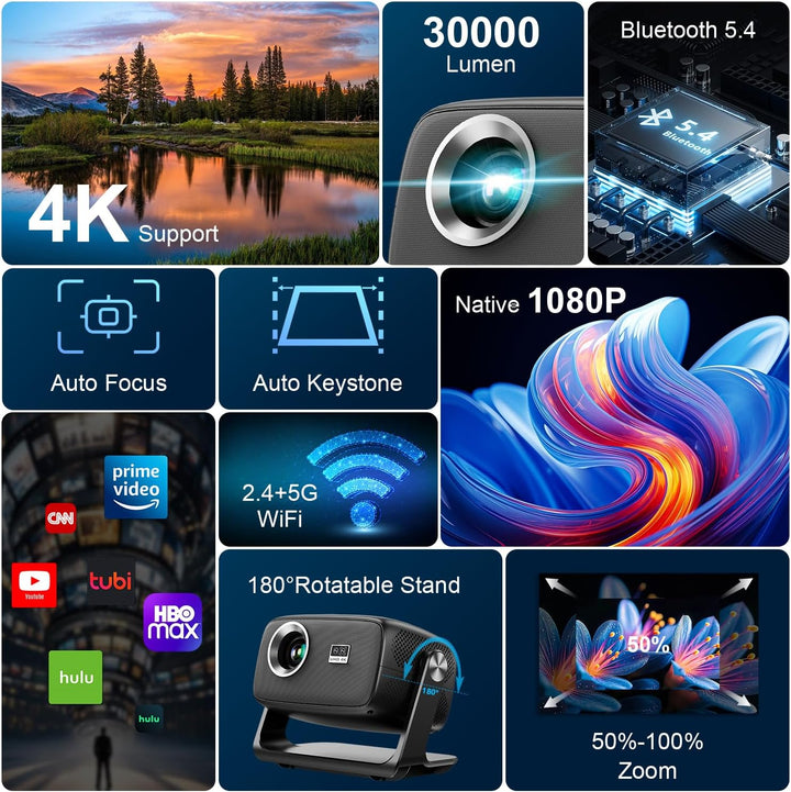 Smart Projector 4K Beamer für Heimkino mit Android 14.0, 30000 Lumen, Autofokus & Trapezkorrektur, B