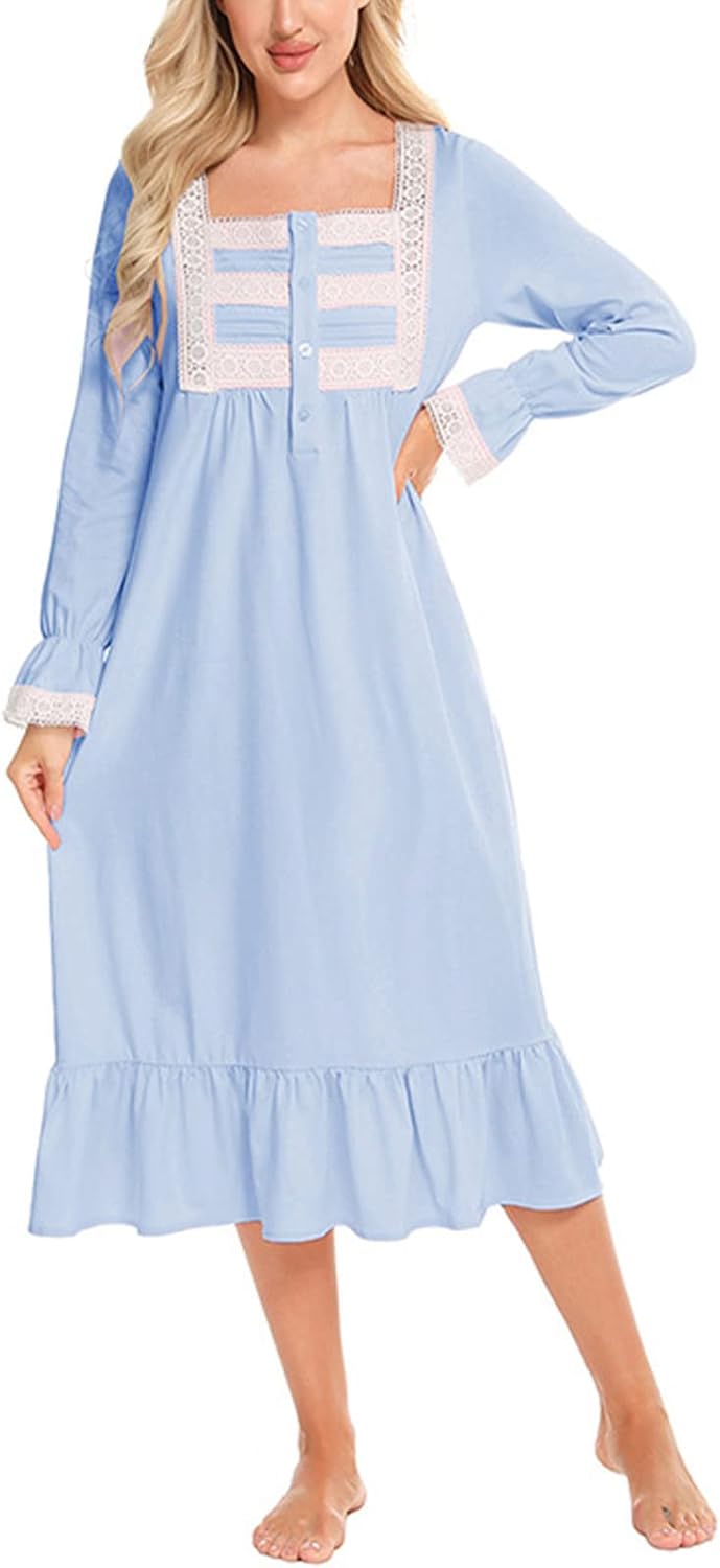 aromm Damen Weich Nachthemd Knopfleiste Viktorianisch Lange Ärmel Stillen Pyjama, S