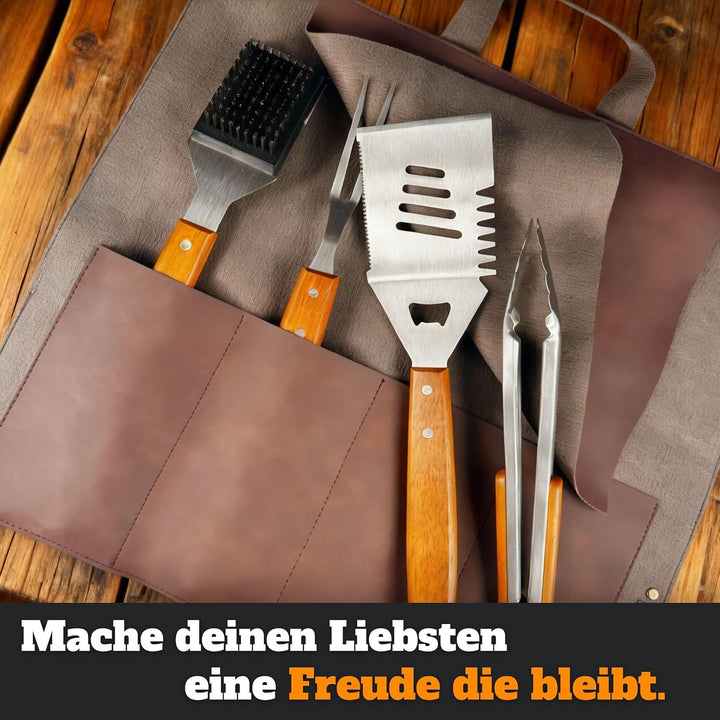 Grillset für Männer Geschenk in Ledertasche – Grillbesteck Set aus Edelstahl - 3-in-1 Spachtel &amp; Rei