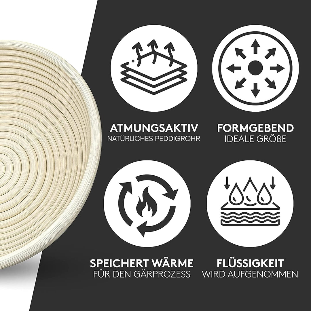 Hochwertiger Gärkorb rund (25cm) - Peddigrohr Brotbackform mit waschbarem Leineneinsatz - Optimal fü