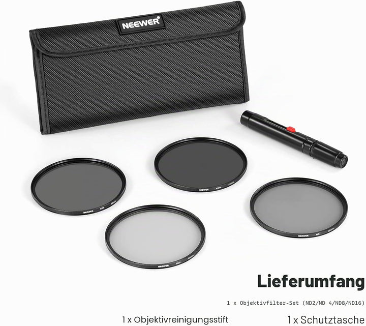 NEEWER 49mm ND Filter Set ND2 ND4 ND8 ND16, Objektivreinigungsstift, Filterbeutel, Graufilter Set, k