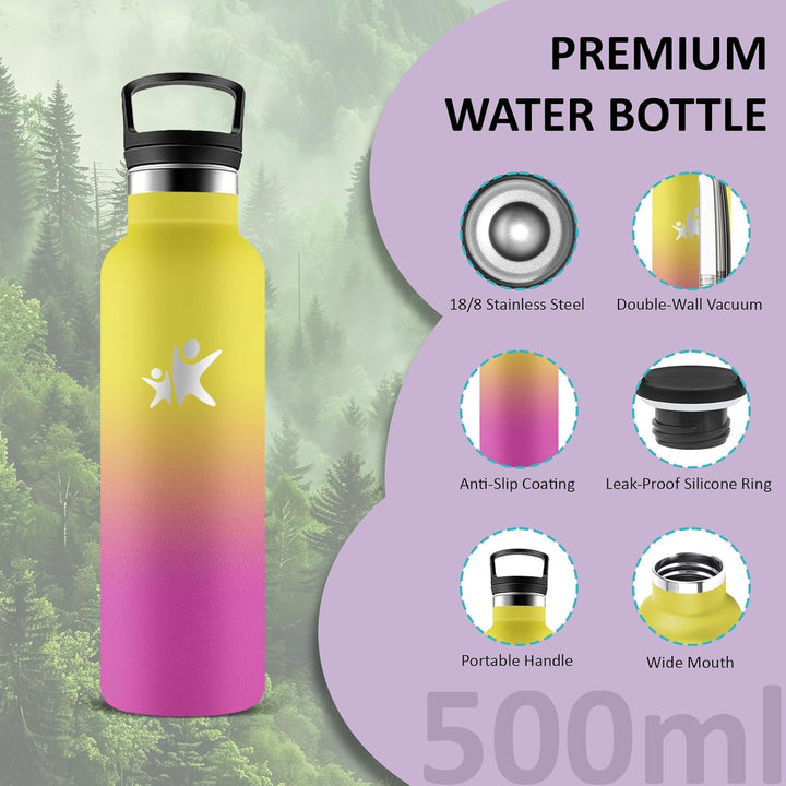 Wasserflasche, 500ml Trinkflasche Edelstahl, BPA-Frei, 24h Kalt & 12h Warm, Wasserflasche mit Strohh