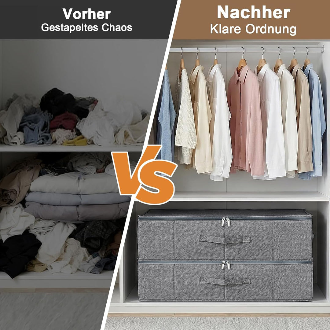 2er Set Unterbett Aufbewahrungsbox 17cm Hoch - Unterbettkommode mit Decke aus Leinenmaterial, 3 Grif