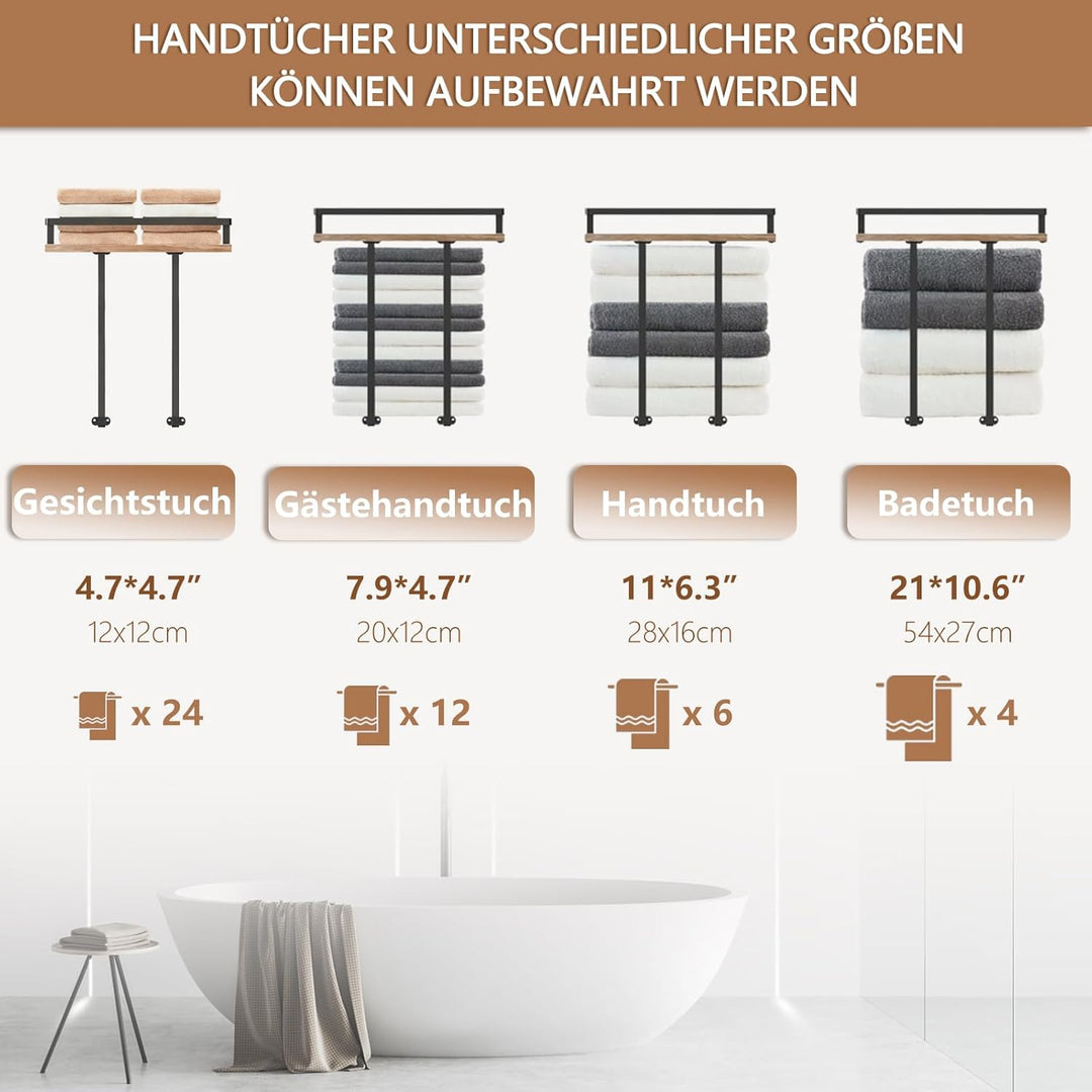 Handtuchhalter Wand, GUIGUZI Schwarz Handtuchregal Badezimmer Handtuchhalter aus Metall mit Holzabla