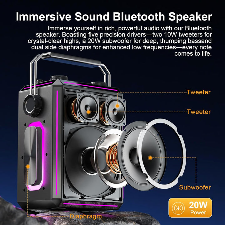 Tragbarer Bluetooth-Karaoke-Lautsprecher mit 2 kabellosen Mikrofonen, RGB-Beleuchtung, Höhen- und Ba