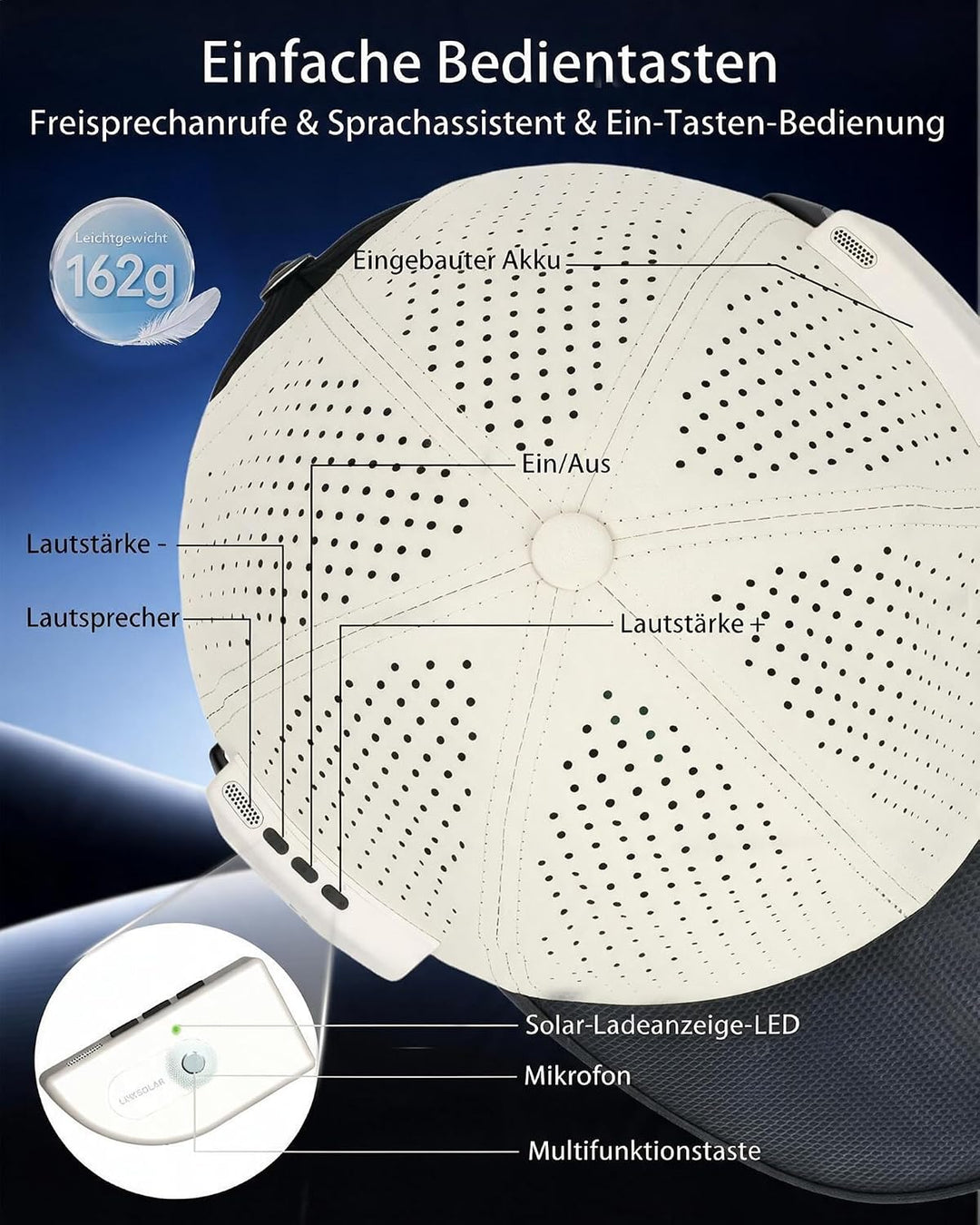 Smart Solar-Baseballkappe mit Open-Ear Bluetooth 5.4 Kopfhörern Cremeweiss-Full, Cremeweiss-Full