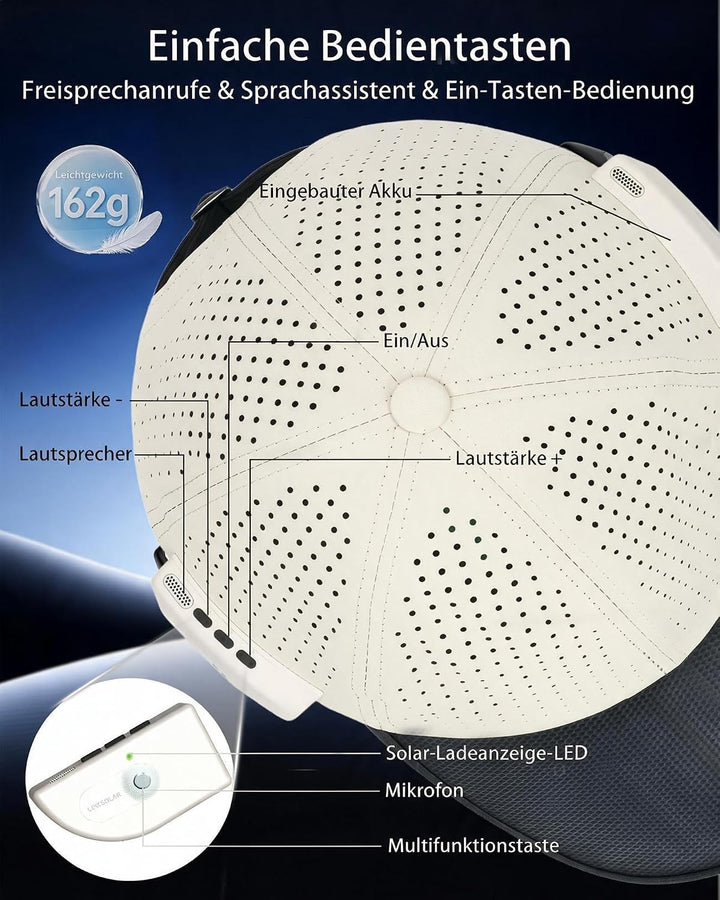 Smart Solar-Baseballkappe mit Open-Ear Bluetooth 5.4 Kopfhörern Cremeweiss-Full, Cremeweiss-Full