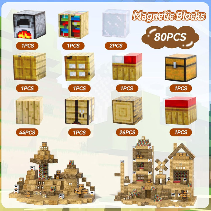 Uiczdry 80 Stück Magnetische Bausteine - Build Mine Magnete Welt World Set,Magnetic Building Blocks,