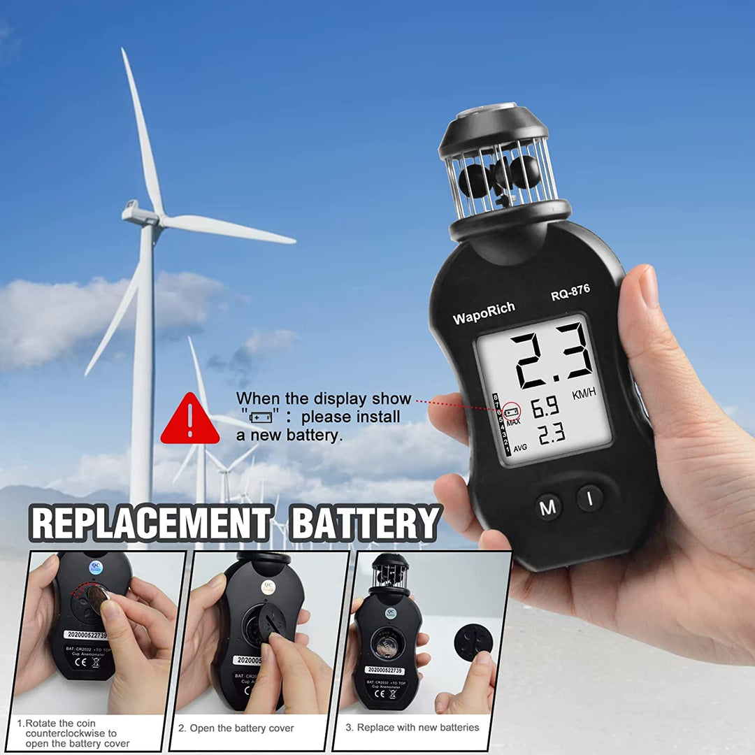 WapoRich Mini Windmesser, 360° Cup-Anemometer Handheld Windmessgerät misst Windgeschwindig 0,7–42 m/
