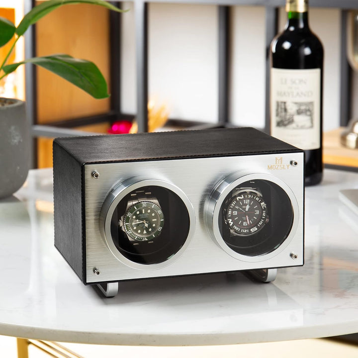 MOZSLY Doppel Uhrenbeweger für Automatik-Uhren mit leisem Motor 12 Rotationsmodi Einstellung Leder S