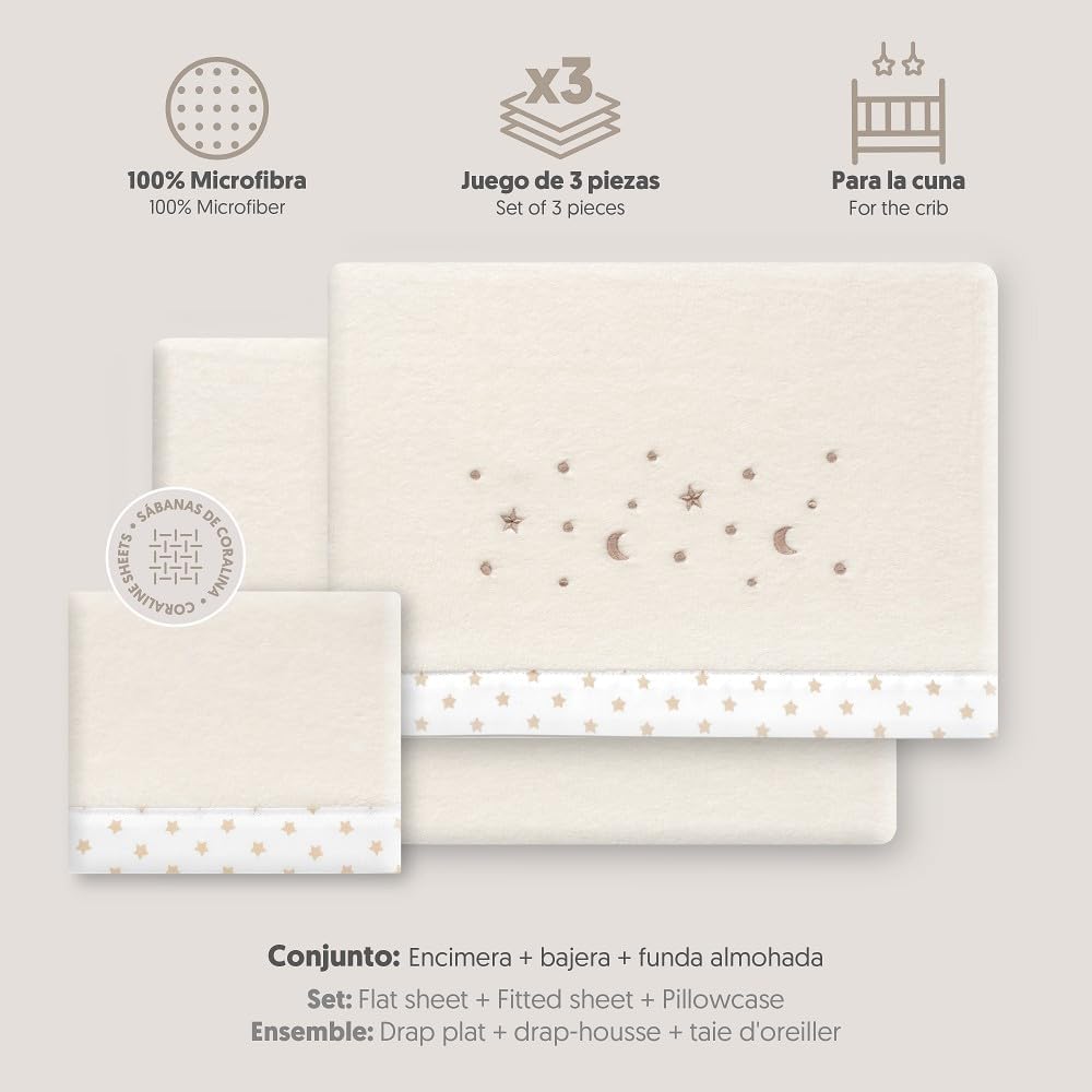 Interbaby Underzy Bettwäsche-Set, 100% Polyester, Mond, Beige, 60 x 120 cm, Spannbetttuch, Bettlaken