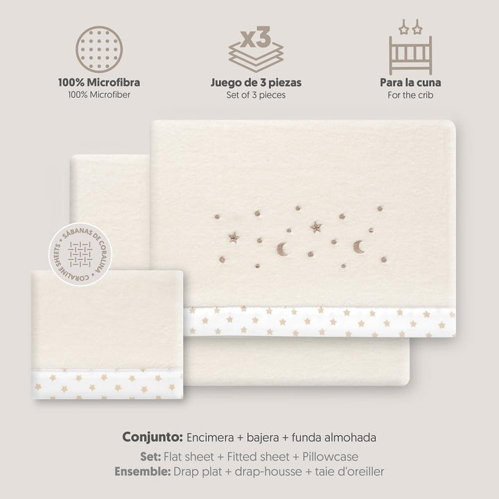Interbaby Underzy Bettwäsche-Set, 100% Polyester, Mond, Beige, 60 x 120 cm, Spannbetttuch, Bettlaken