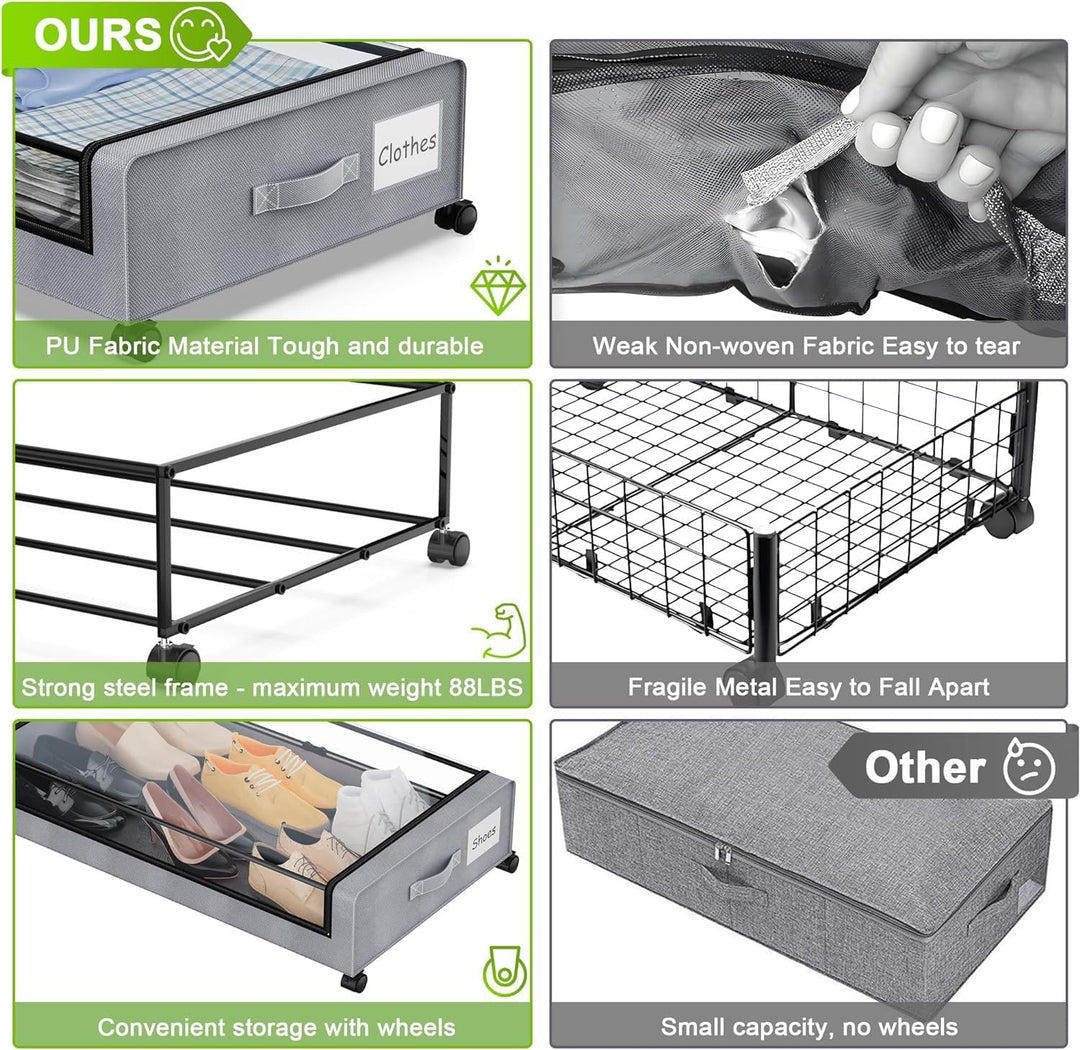 2 Stück Unterbett Aufbewahrungsbox 50L Unterbettkommode mit Rollen Bettkasten Organizer mit PVC deck