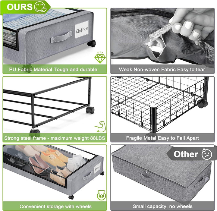 2 Stück Unterbett Aufbewahrungsbox 50L Unterbettkommode mit Rollen Bettkasten Organizer mit PVC deck