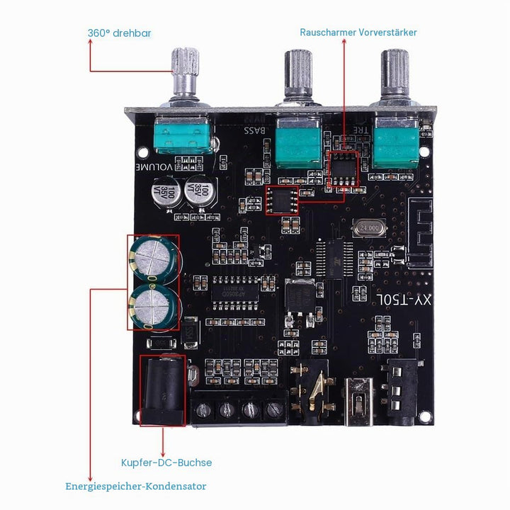 Endverstärkerplatine, DC 5V-26V Bluetooth Amplifier Board 2.0 Kanal 50W*2 BLE5.0 Treble Bass AUX/U-D