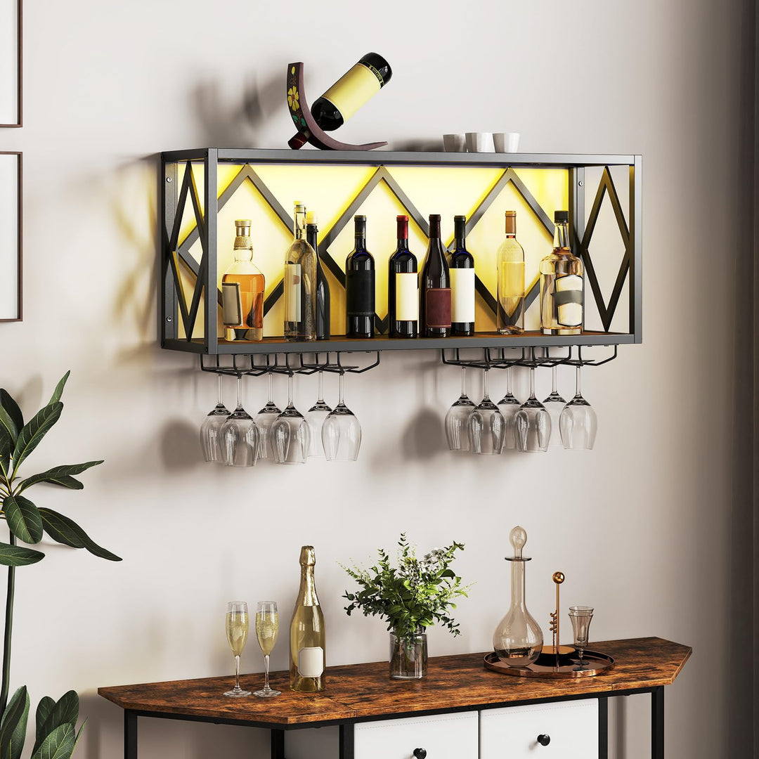 COSTWAY Weinregal Wand mit LED Beleuchtung, 2 Ebenen Flaschenregal Holz mit Metallrahmen, mit 6 Reih
