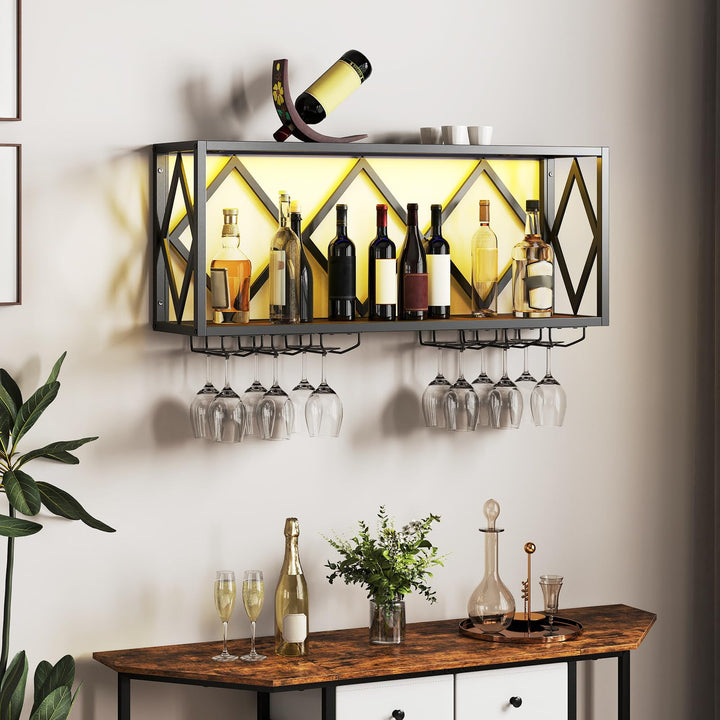 COSTWAY Weinregal Wand mit LED Beleuchtung, 2 Ebenen Flaschenregal Holz mit Metallrahmen, mit 6 Reih