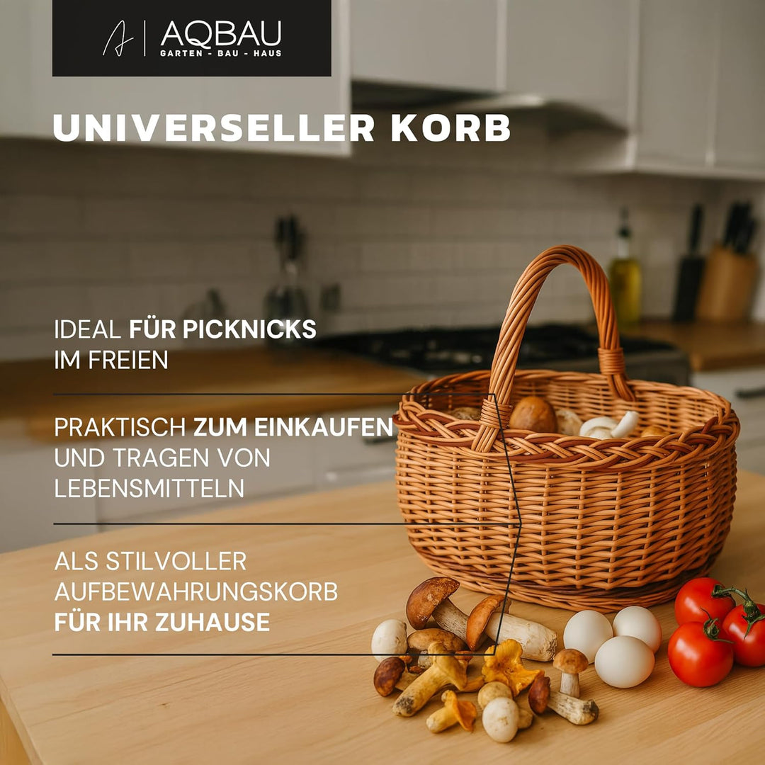 Weidenkorb mit Henkel gross – Einkaufskorb aus Naturweide mit Stoffeinlage (3 Designs) – Picknickkor