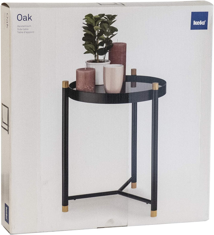 Kela Beistelltisch, Oak, Pulverbeschichtetes Metall mit Eichenholz und Glas, Ø 40 cm, 24266, Schwarz