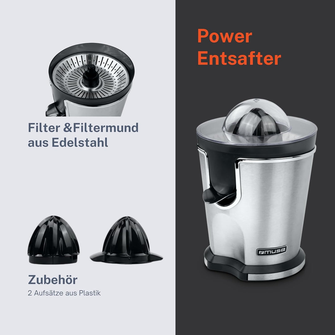 Muse MS-10 CP Power Juicer, Fruchtsaftpresse aus Edelstahl, Schwarz und Chrom, Hohe Leistung und Eff