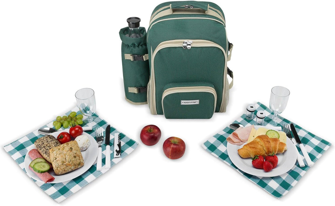 anndora Picknickrucksack mit Kühlfach grün + Zubehör 15 teilig - 2 Personen, Grün
