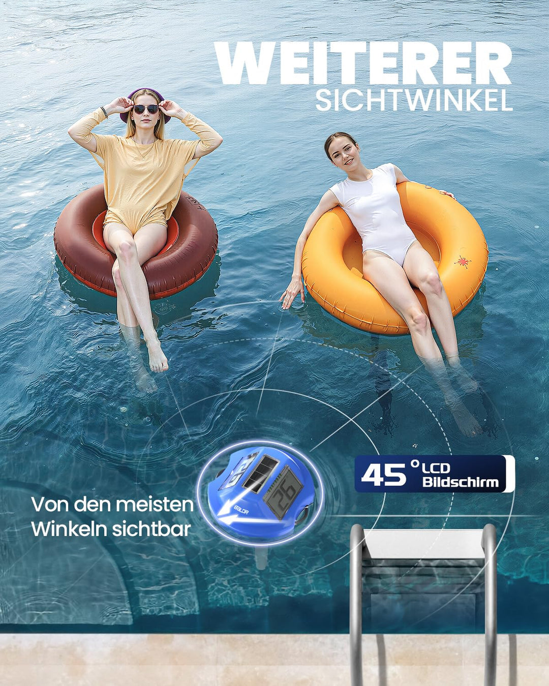 BALDR Solar Schwimmendes für Pool mit zwei grossen Displays | IPX7 wasserdichter digitaler Temperatu