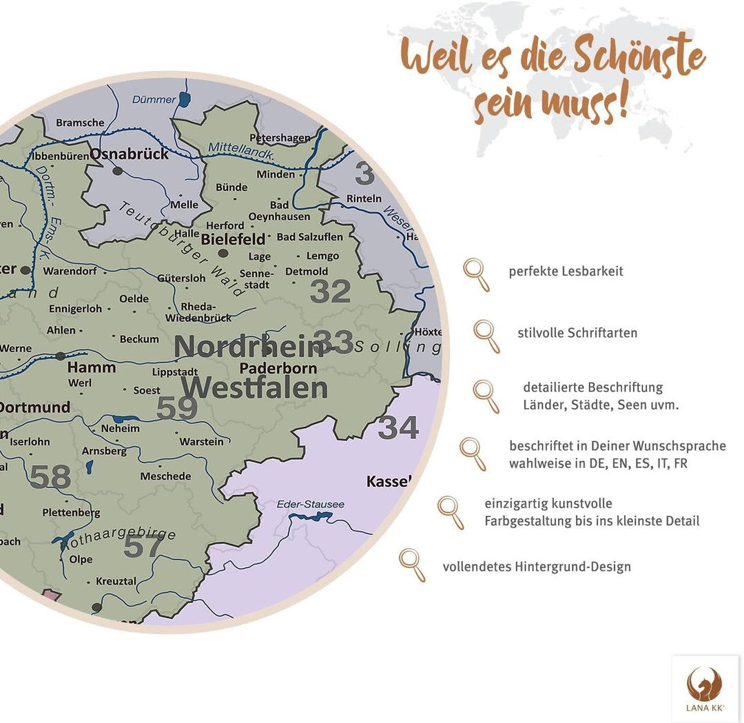 LanaKK – Deutschlandkarte Leinwandbild „Deutschlandkarte Edelgrau” - deutsch - Kunstdruck-Pinnwand a