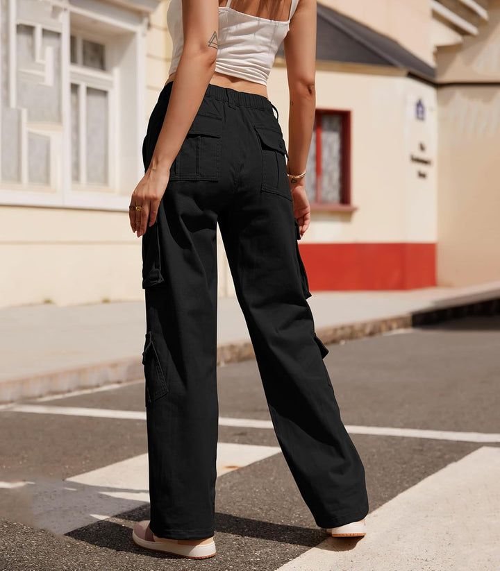 Cargohose Damen Baggy Y2K Multi Taschen High Waist Stretch Wanderhose Sport Jogginghose mit Elastisc