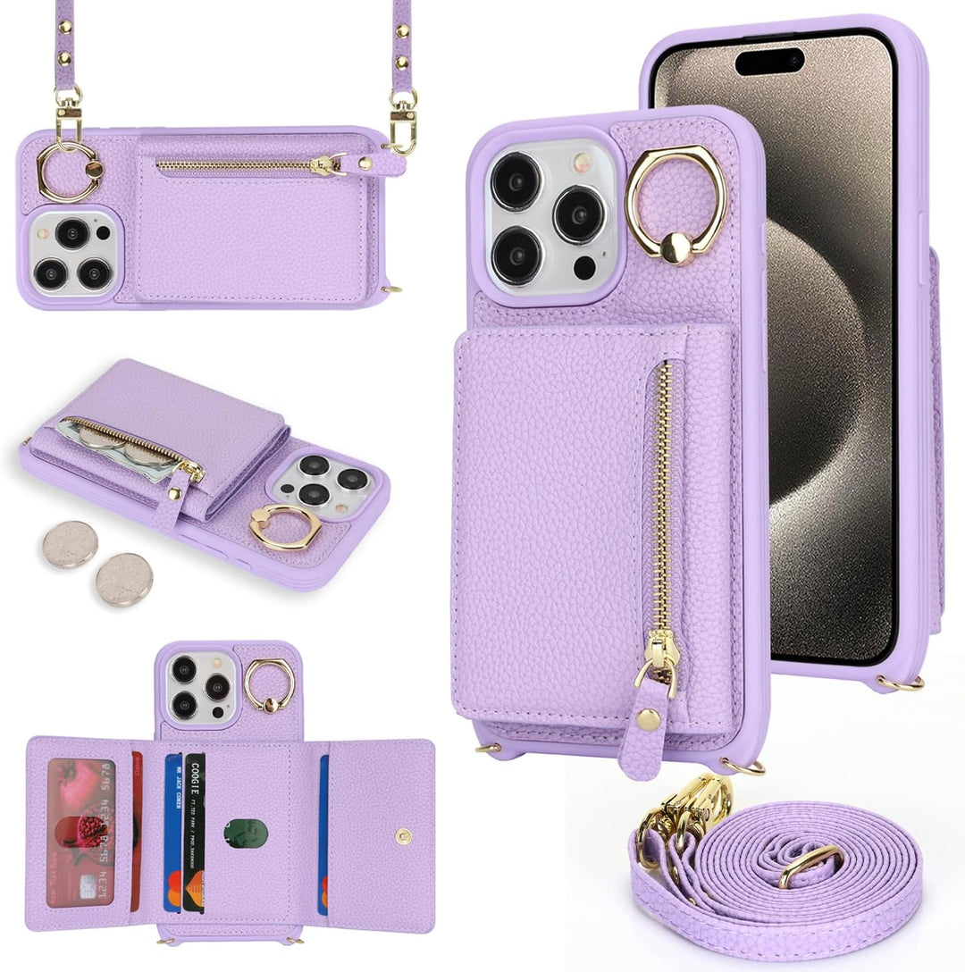 ELTEKER Handyhülle für iPhone 15 Pro Max Hülle mit Band Kartenfach Ringhalterung Geldbörse,Leder Kla