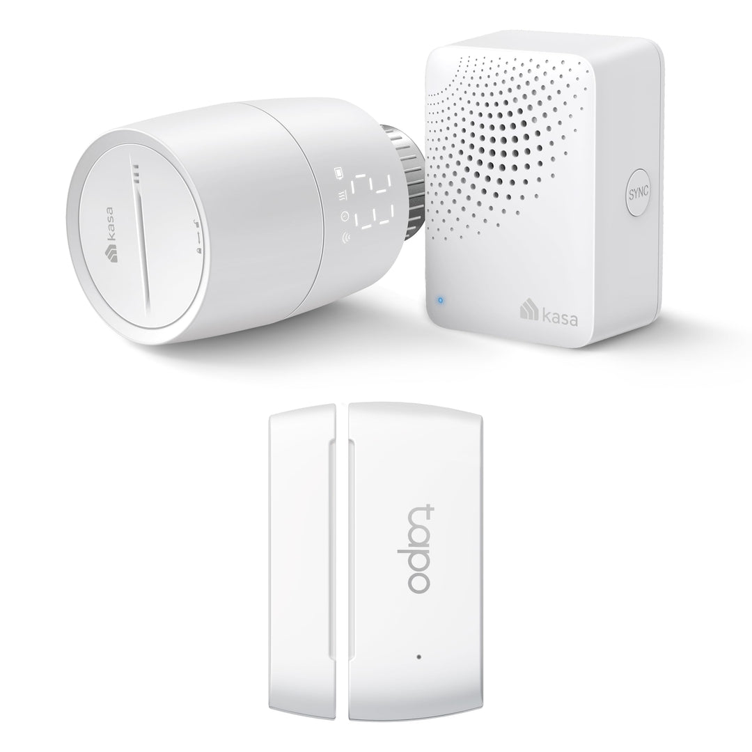 Bündel von TP-Link Kasa Smartes Heizkörperthermostat KE100 KIT + TP-Link Tapo T110 Smart Kontakt Sen