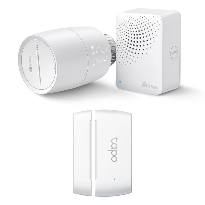 Bündel von TP-Link Kasa Smartes Heizkörperthermostat KE100 KIT + TP-Link Tapo T110 Smart Kontakt Sen