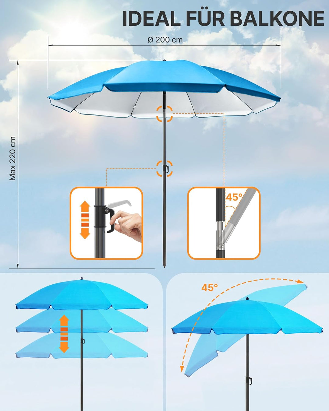 4smile Sonnenschirm Strand Ø 200 cm, Blau, Sonnenschirm Balkon | Strandschirm windfest stabil, Balko