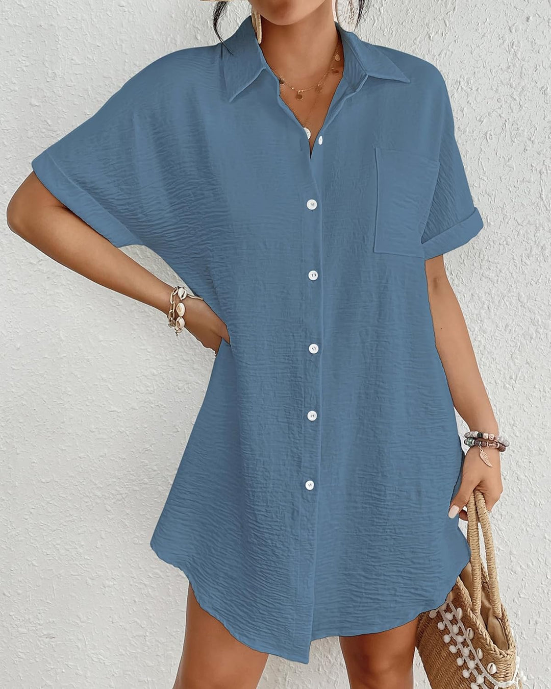 Bsubseach Frauen Badeanzug Coverup Shirt Kleid Button Down Badeanzug Cover Up Beachwear Haze Blue S,
