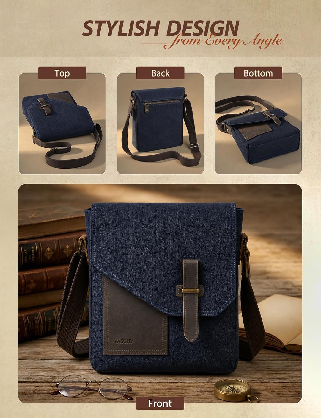 VASCHY Klein Umhängetasche Herren mit RFID-Schutz,Vintage Messenger Bag Herrentasche Schultertasche