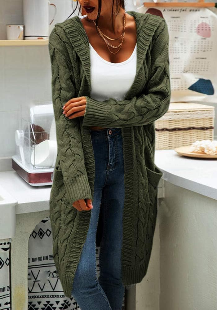 GeGekoko Strickjacke Damen mit Kapuze Langarm Grobstrick-Cardigan Open Front Sweater Herbst Winter C