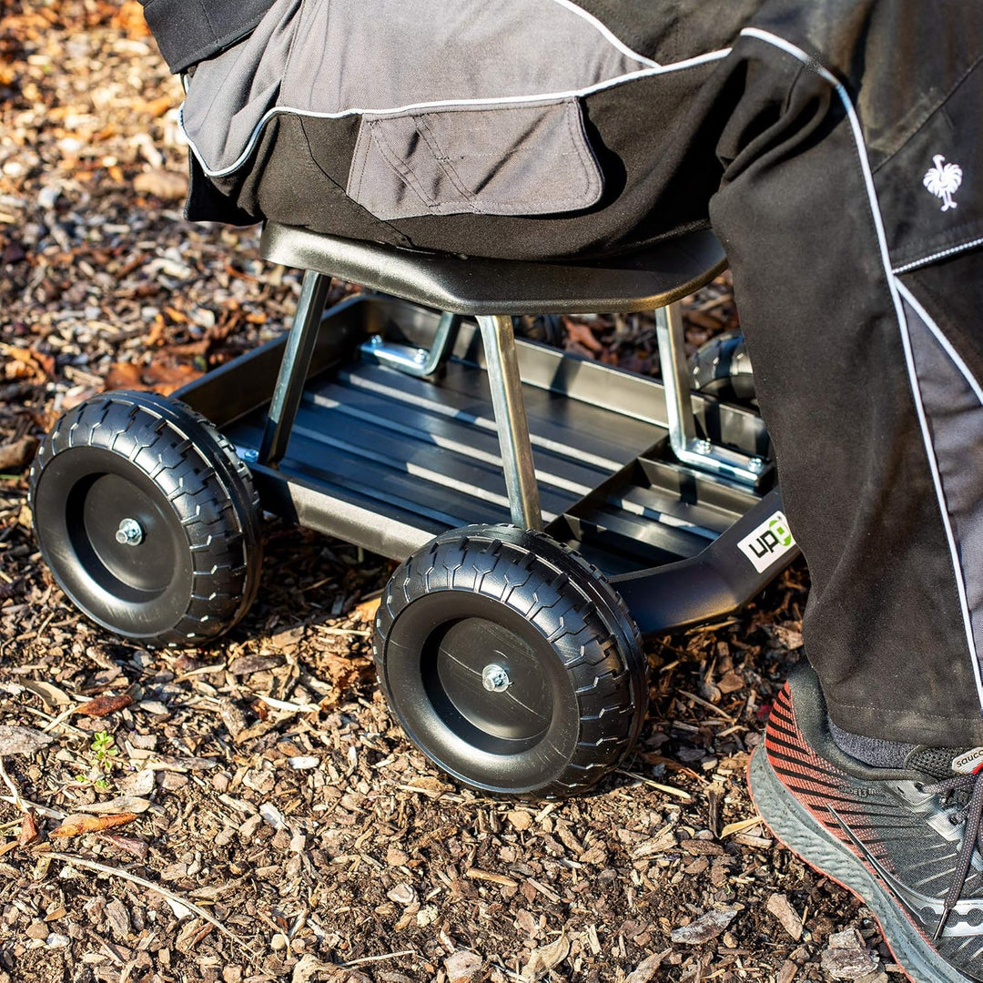 UPP fahrbarer Gartenwagenrollsitz bis 130 kg mit Ablage | Knie- und rückenschonende Sitzgelegenheit