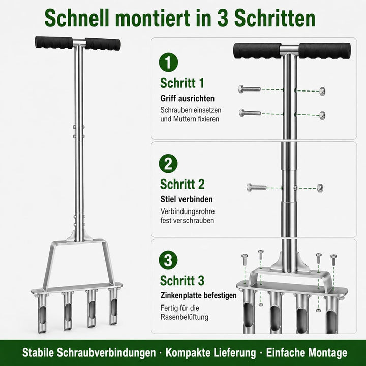 Rasenlüfter aus Edelstahl, 4 Zinken Hohlzinken, Manueller Rasenbelüfter & Aerifizierer für Verdichte