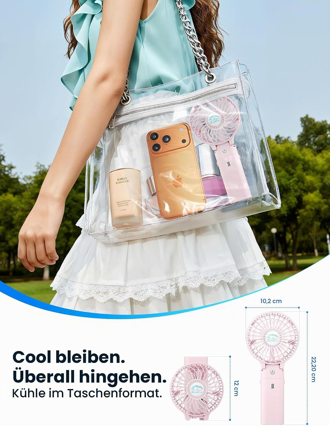 HandFan Handventilator mit 5200 mAh, wiederaufladbar, 20 Stunden Laufzeit, Handventilator, 3 Geschwi