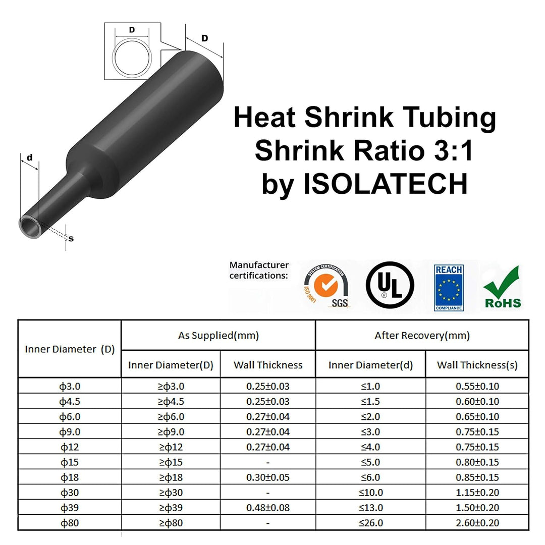 ISOLATECH Schrumpfschlauch Meterware schwarz ohne Kleber Ø 18mm 10 Meter Schrumpfverhältnis 3:1 Set