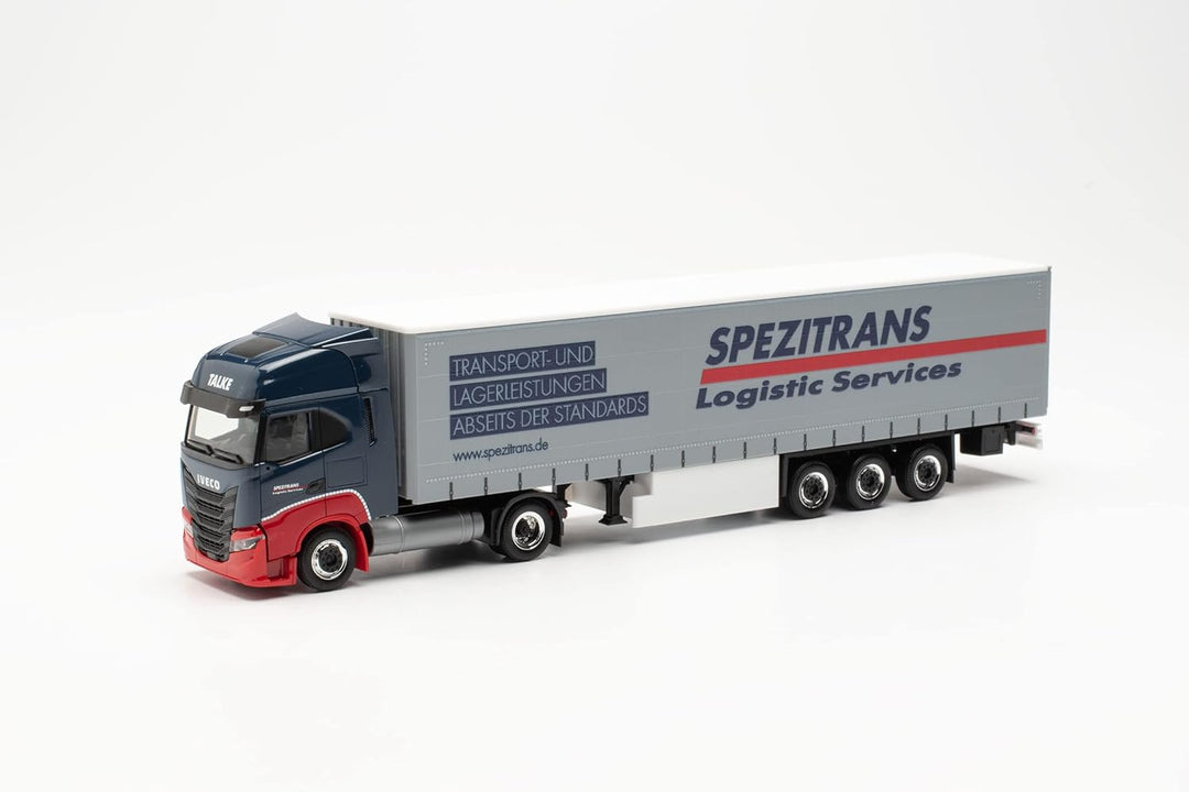Herpa LKW Modell Iveco S-Way LNG Gardinenplanen-Sattelzug „Spezitrans“, originalgetreu im Massstab 1