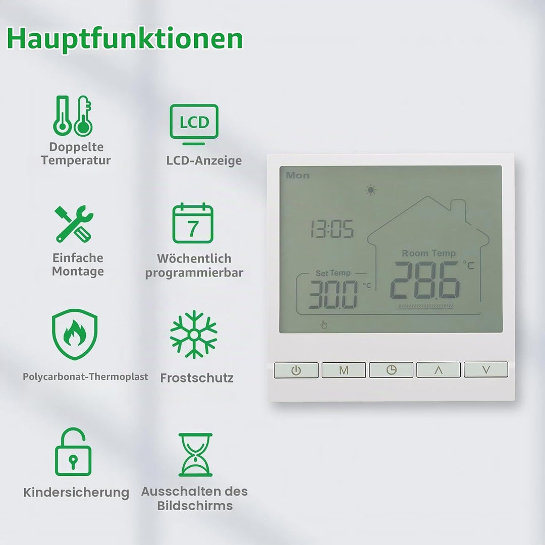 Wengart Digitaler Elektroheizung Thermostat WG902,AC230V 20A Programmierbarer Thermostat,Präzise Tem