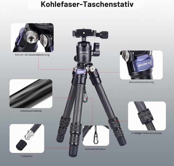 AOKA Leichtes, kompaktes Kohlefaser-Stativ mit 360°-Kugelkopf, Reise-Mini-Stativ für Handy und kompa