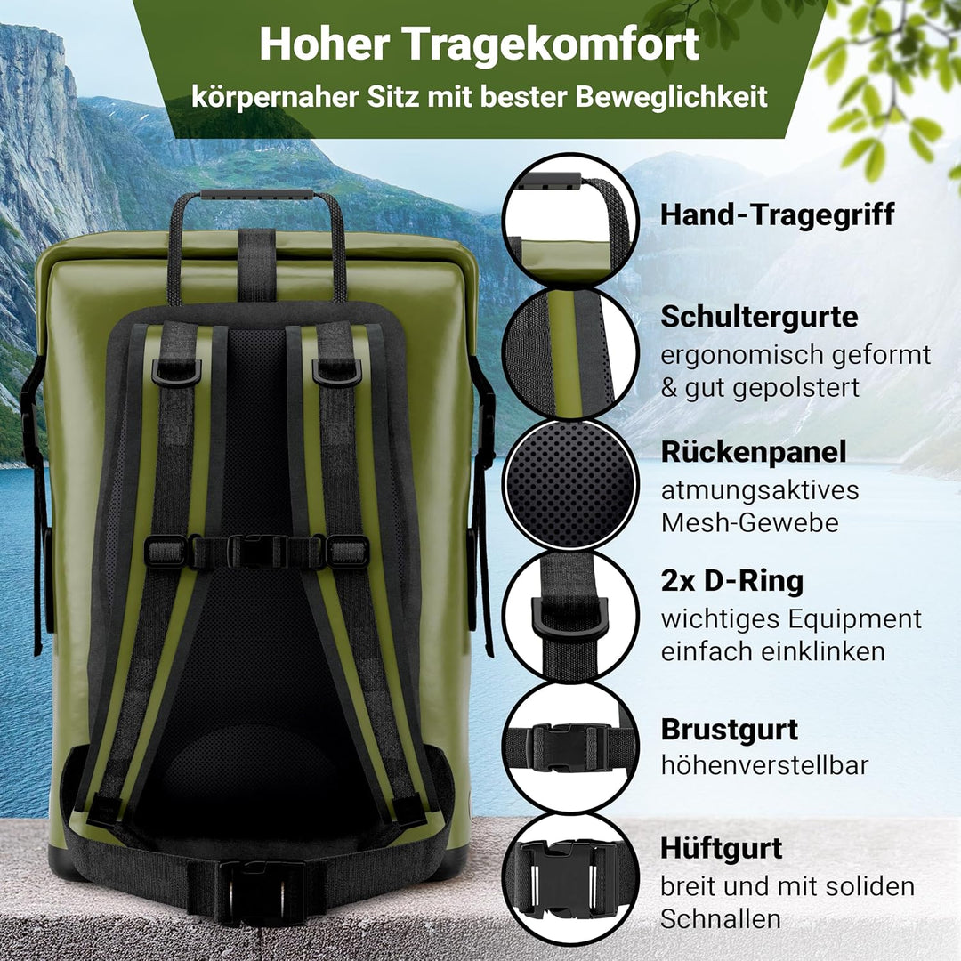 PIONEER wasserdichter Rucksack mit Rolltop Verschluss 35L 55L schwarz gelb oliv-grün - extra robust