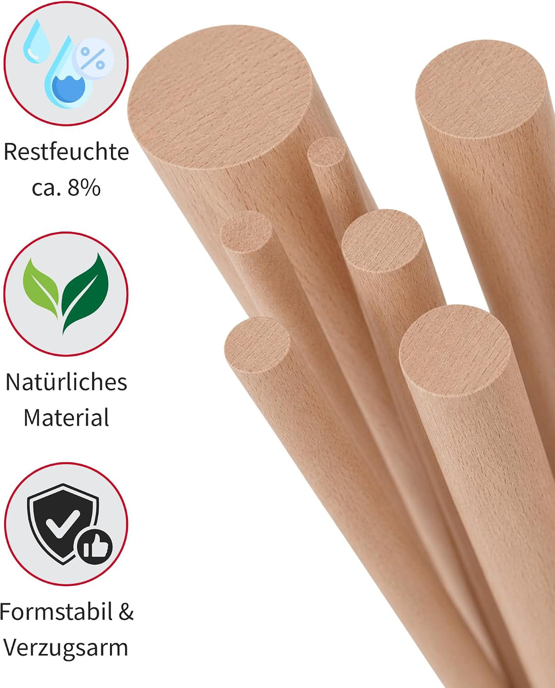 Gedotec Buchen-Rundstab glatt | Rundhölzer | Bastelstäbe 25 x 1000 mm | 5 Stück | Holzstäbe aus Buch