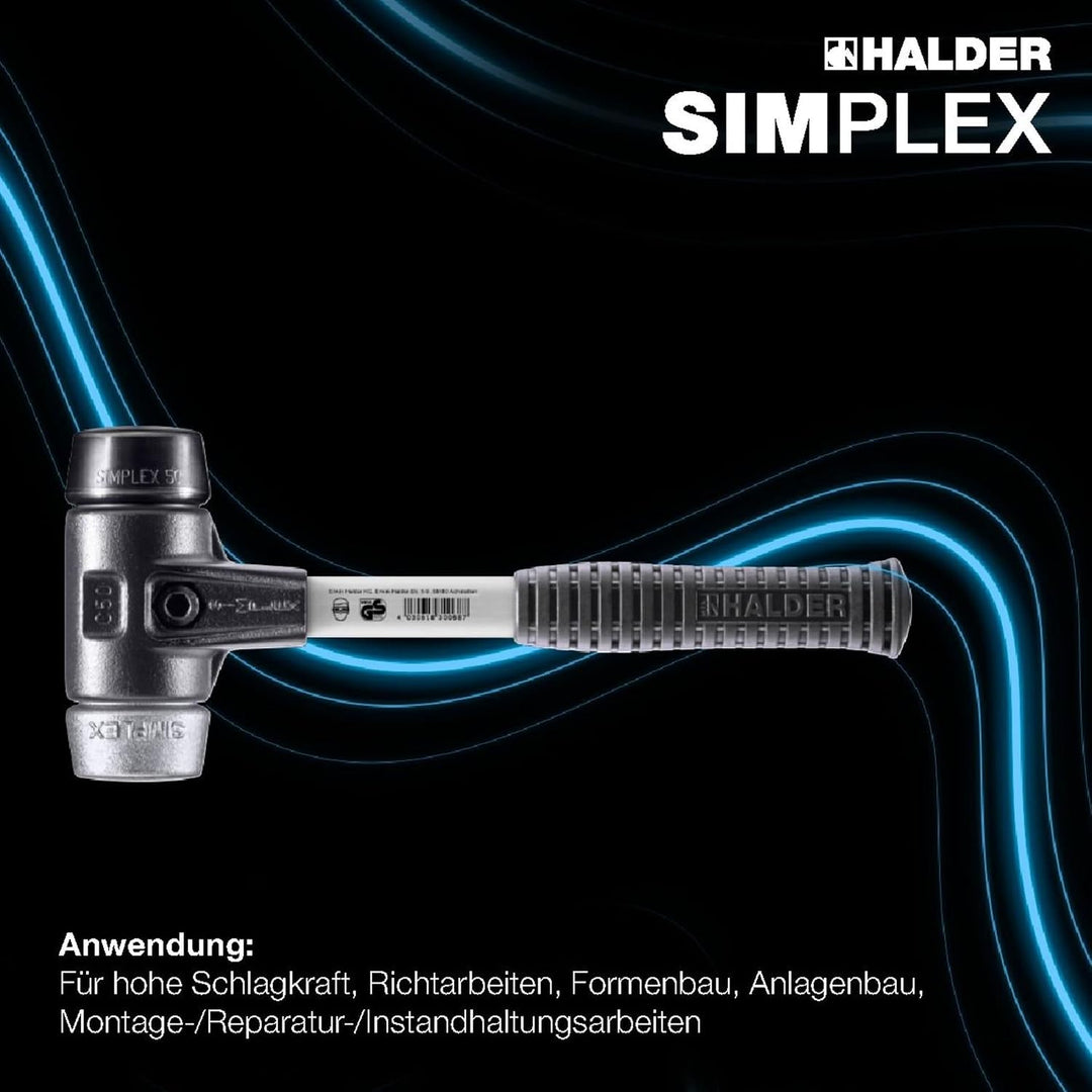 SIMPLEX-Schonhammer, Gummikomposition/Weichmetall; mit verstärktem Tempergussgehäuse und Fiberglasst