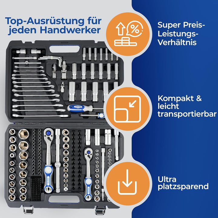 SUG - Werkzeugkoffer gefüllt 216-tlg - Profi Steckschlüsselsatz 1/2, 1/4, 3/8 komplett bestückt - We